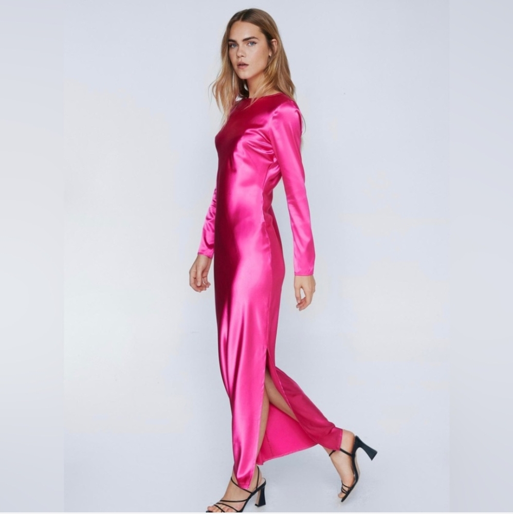 Fuchsia Satin Column Open Back Midi Dress